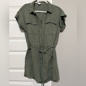 Green Button-Up Dress with Drawstring Waist